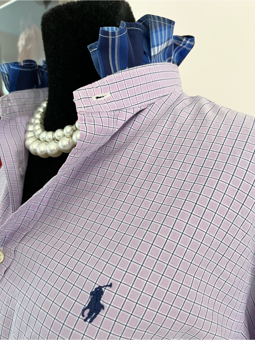 Refashioned Ralph Lauren Lavender/Blue Windowpane Button-Down Ruffle collar